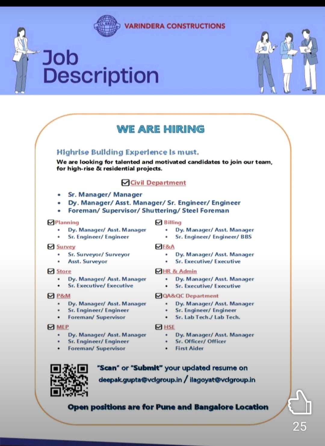 LATEST INFRASTRUCTURE & CONSTRUCTION JOBS UPDATE  IN INDIA